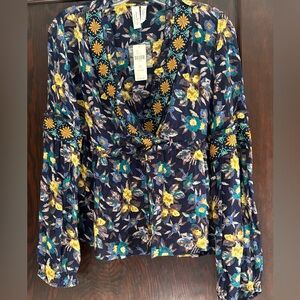Anthropologie Faux Wrap Blouse - Navy with Yellow & Teal Floral